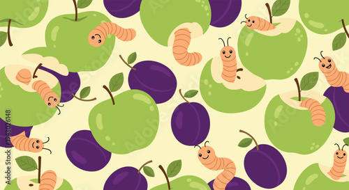Playful pattern shows small pink worms crawling in and out of green apples and purple plums on a light yellow background.