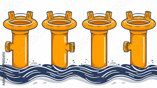 Four bright orange stylized water outlets are partially submerged in wavy, dark blue water