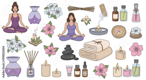 Extensive collection of spa and wellness items includes aromatherapy candles, essential oils, towels, and meditation characters.