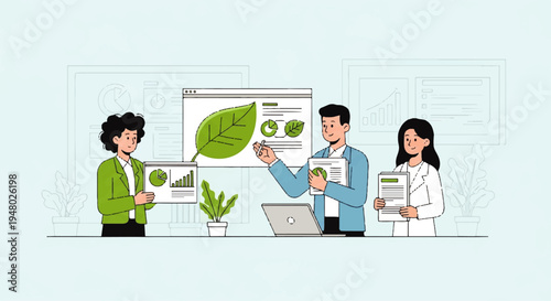 Vector flat design illustration of a team collaborating with a presenter pointing at a leaf graph on a screen in a modern office setting with a light blue background.