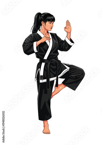 Confident female martial arts practitioner, strong pose flat vector illustration perfect for dojo promotion and self defense campaigns