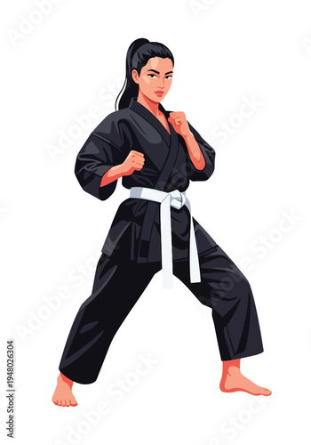 Confident female martial arts practitioner, strong pose flat vector illustration perfect for dojo promotion and self defense campaigns