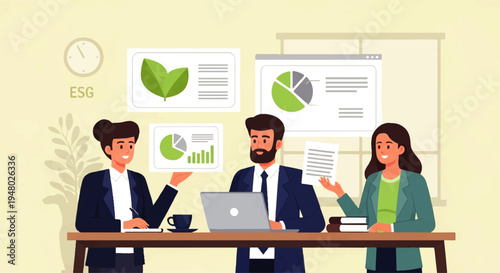 Vector flat design illustration of three business professionals collaborating over a laptop and papers in a meeting room with a green and beige color scheme.