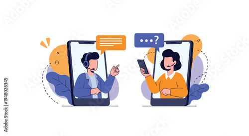Two customer service representatives communicate using headsets through their smartphone screens for remote support and help.
