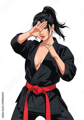 Confident female martial arts practitioner, strong pose flat vector illustration perfect for dojo promotion and self defense campaigns