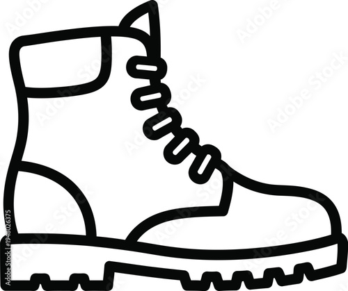 A simple black and white line art illustration of a sturdy leather hiking boot for outdoor travel