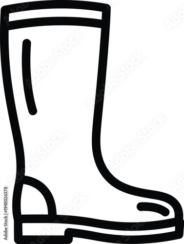 A black and white line art illustration of a single tall rubber boot used for rainy weather wear