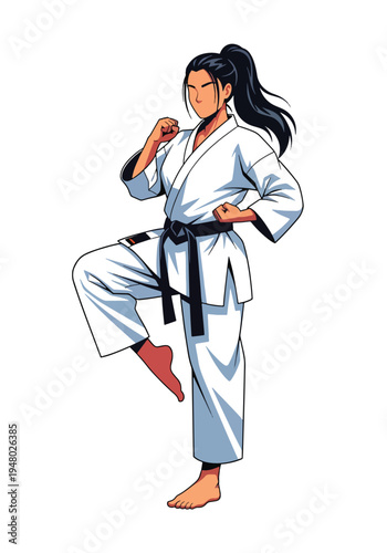 Confident female martial arts practitioner, strong pose flat vector illustration perfect for dojo promotion and self defense campaigns