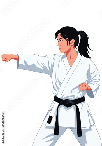 Confident female martial arts practitioner, strong pose flat vector illustration perfect for dojo promotion and self defense campaigns