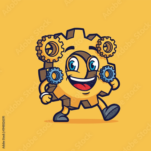 Cartoon Gear Character with Mechanical Parts.