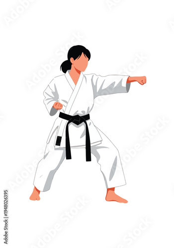 Confident female martial arts practitioner, strong pose flat vector illustration perfect for dojo promotion and self defense campaigns