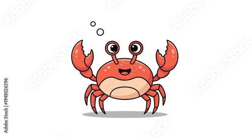 Happy red crab with large round eyes and friendly claws smiles while standing on a small patch of sand with bubbles.