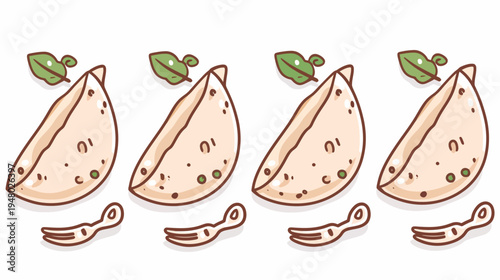 Cartoon-style illustrated food pattern with dumplings, green leaves, and small forks