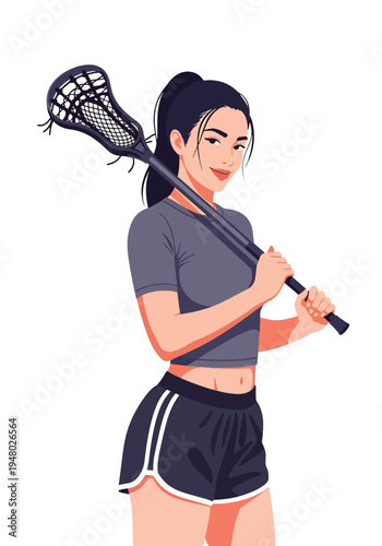 Athletic female lacrosse player holding stick in strong pose, modern flat vector sports illustration perfect for team branding, youth league promotion and tournament campaigns