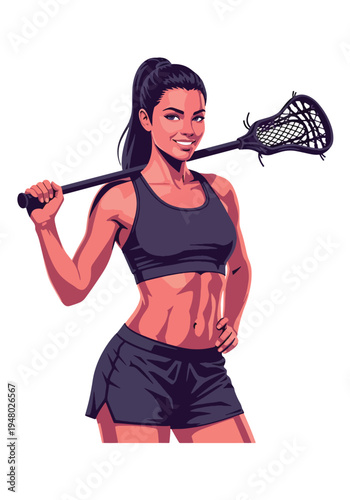 Athletic female lacrosse player holding stick in strong pose, modern flat vector sports illustration perfect for team branding, youth league promotion and tournament campaigns
