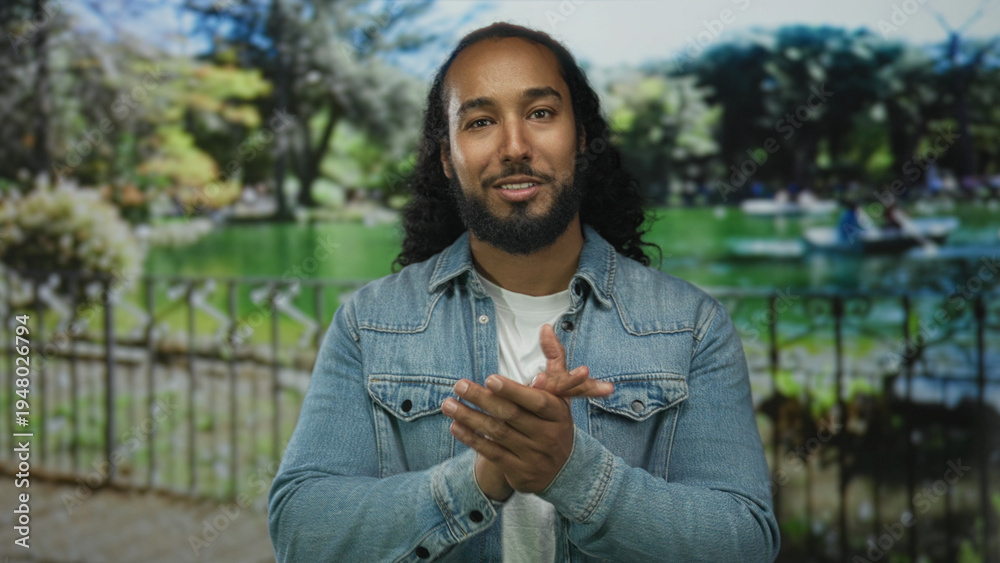 Fototapeta premium Man clapping hands by a lakeside fence in a forest setting, wearing denim jacket and smiling; confidence.