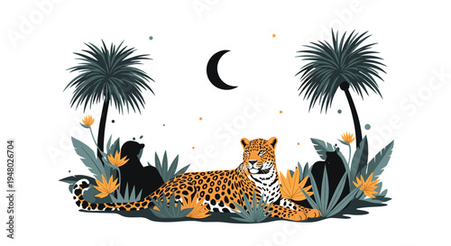 Majestic leopard resting amidst tropical plants and palm trees under a crescent moon and starry night sky in a stylized jungle illustration.