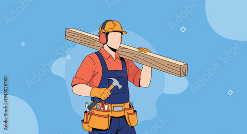 Professional male construction worker wearing a hard hat and tool belt while carrying wooden planks on his shoulder against a blue background.