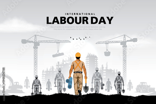 happy Labour day or international workers day vector illustration, site engineer, labour with safety cap going to construction site. labor day and may day celebration design.