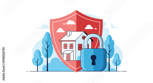 Home security conceptual illustration showing a white house protected by a large red shield and a blue padlock for insurance and safety.
