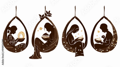 Silhouetted figures sit in hanging teardrop chairs holding symbolic offerings in a brown illustration