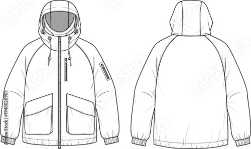 Fashion technical sketch of button down blouse, featuring raglan sleeves, sleeve tabs, curved hem, and round neck, cad drawing flat vector illustration