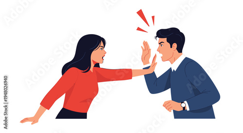 Angry woman in a red shirt shouting and gesturing while a frustrated man in a blue sweater tries to defend himself during a heated argument.