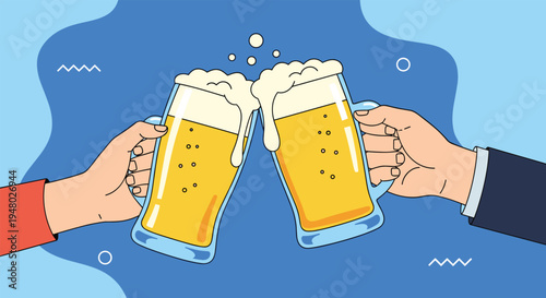 Two people celebrating by clinking large mugs filled with cold, frothy beer against a blue background with festive geometric patterns.