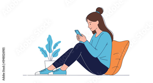 Young woman sitting on the floor leaning against a cushion while using her smartphone next to a potted houseplant in a minimalist and tidy room.
