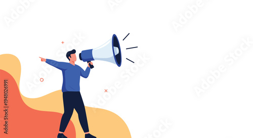 Determined man in a blue shirt shouting important announcements through a large blue and white megaphone against a colorful and artistic background.