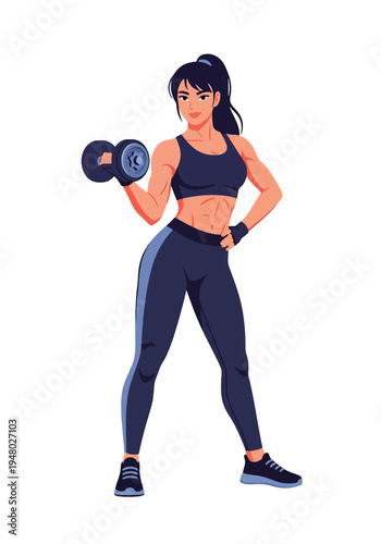 Athletic woman lifting dumbbell in confident pose, modern flat vector fitness portrait perfect for gym marketing, strength training promotion and healthy lifestyle branding