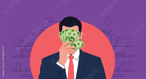 Businessman in a formal suit and tie holding a fan of dollar bills in front of his face against a purple background with sketched office icons.