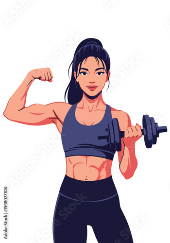 Athletic woman lifting dumbbell in confident pose, modern flat vector fitness portrait perfect for gym marketing, strength training promotion and healthy lifestyle branding