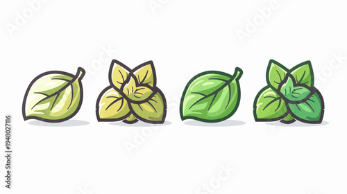 Four stylized illustrations of fresh basil leaves in varying stages of growth and arrangement