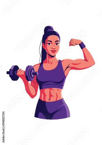 Athletic woman lifting dumbbell in confident pose, modern flat vector fitness portrait perfect for gym marketing, strength training promotion and healthy lifestyle branding