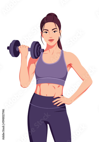 Athletic woman lifting dumbbell in confident pose, modern flat vector fitness portrait perfect for gym marketing, strength training promotion and healthy lifestyle branding