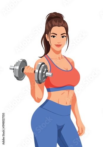 Athletic woman lifting dumbbell in confident pose, modern flat vector fitness portrait perfect for gym marketing, strength training promotion and healthy lifestyle branding