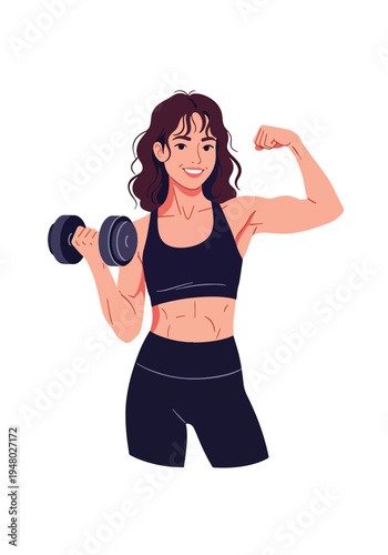 Athletic woman lifting dumbbell in confident pose, modern flat vector fitness portrait perfect for gym marketing, strength training promotion and healthy lifestyle branding