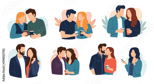 Diverse collection of couples in various social interactions like talking, hugging, and sharing drinks shown in a minimalist flat design style.