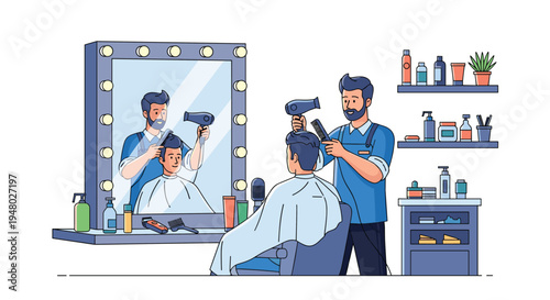 Professional barber cutting and blow drying a customer's hair in front of a lighted vanity mirror in a modern and clean salon environment.