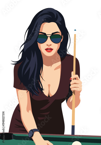Stylish female billiards player holding cue stick in confident pose, clean flat vector illustration ideal for pool hall promotion, recreation branding and entertainment marketing