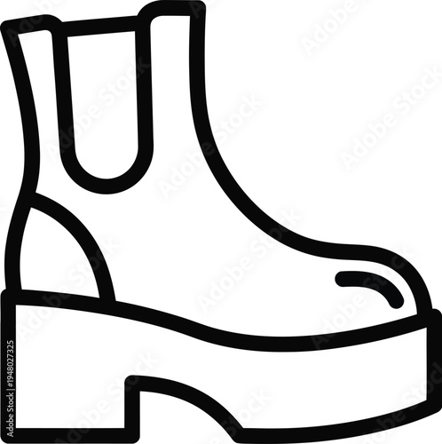 A simple black and white line art illustration of a stylish chelsea boot with a thick platform sole