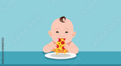 Adorable baby sitting at a blue table and excitedly eating a large slice of pepperoni pizza while looking directly at the camera with a smile.