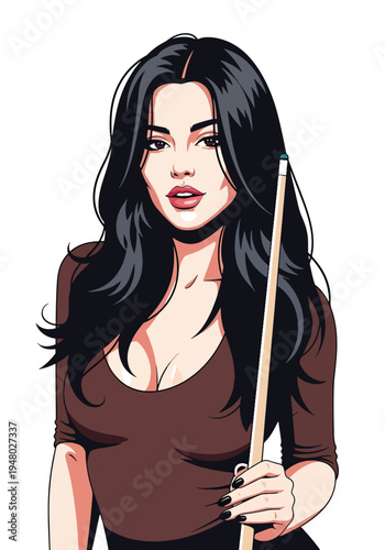 Stylish female billiards player holding cue stick in confident pose, clean flat vector illustration ideal for pool hall promotion, recreation branding and entertainment marketing