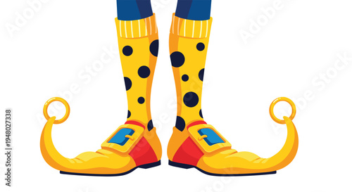 Close up of elf legs wearing bright yellow socks with black polka dots and curled yellow shoes with red accents and golden bells on the tips.