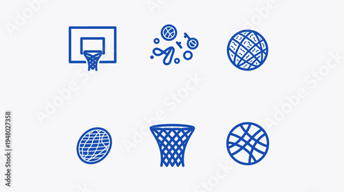 Collection of stylized, blue-lined sports icons, including basketball hoop, balls, and other related symbols
