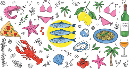 Seafood summer doodle illustration set fish lobster shrimp oyster tropical food collection