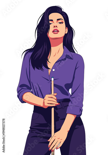 Stylish female billiards player holding cue stick in confident pose, clean flat vector illustration ideal for pool hall promotion, recreation branding and entertainment marketing