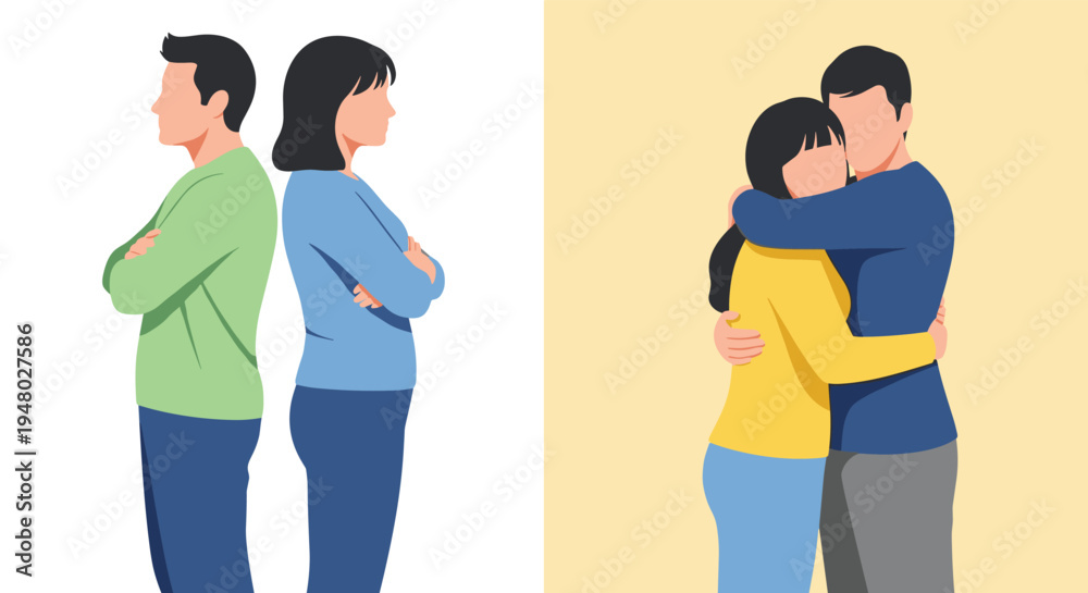 Fototapeta premium Two panel illustration showing a couple in conflict standing back to back and then reconciled in a warm hug symbolizing resolving their issues.