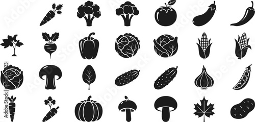 Vegetable silhouette icons set carrot broccoli tomato mushroom pumpkin agriculture collection